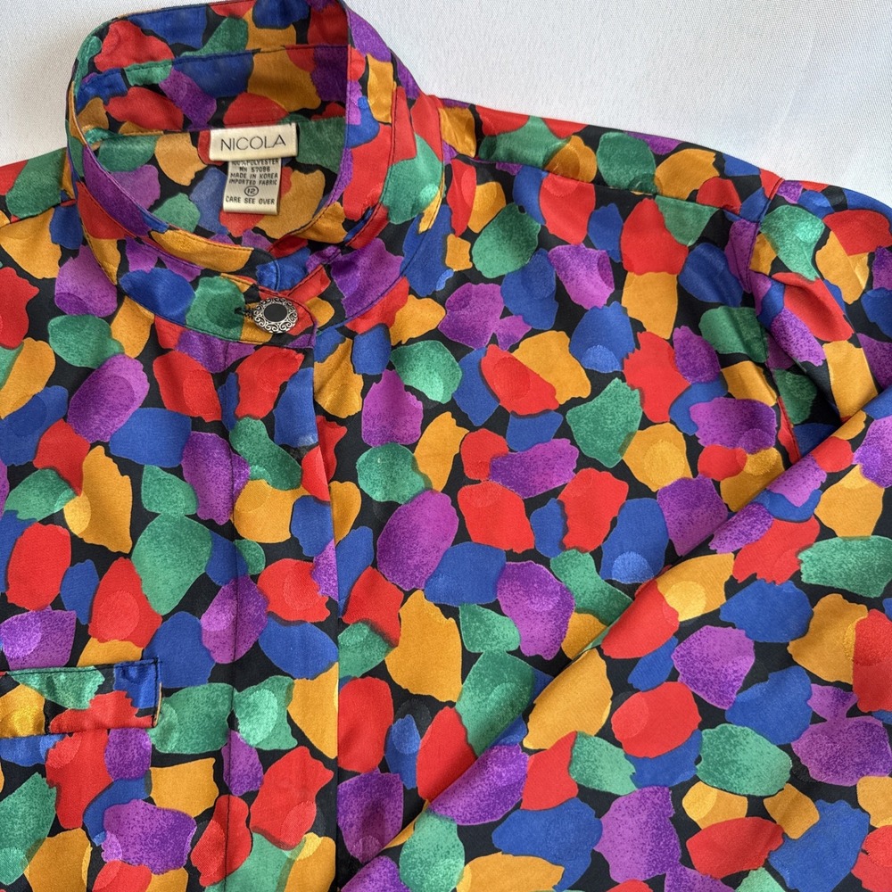 NICOLA Vintage Long Sleeve Blouse Size‎ 12 Multicolored Abstract Print Silky